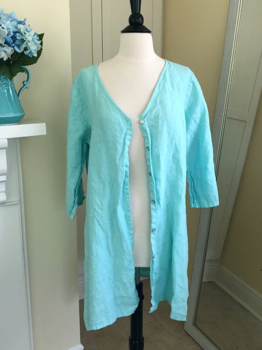 Russ Berens Aqua Blue Linen Full Button Tunic Top Medium Roomy Beachy Coastal - Picture 8 of 10